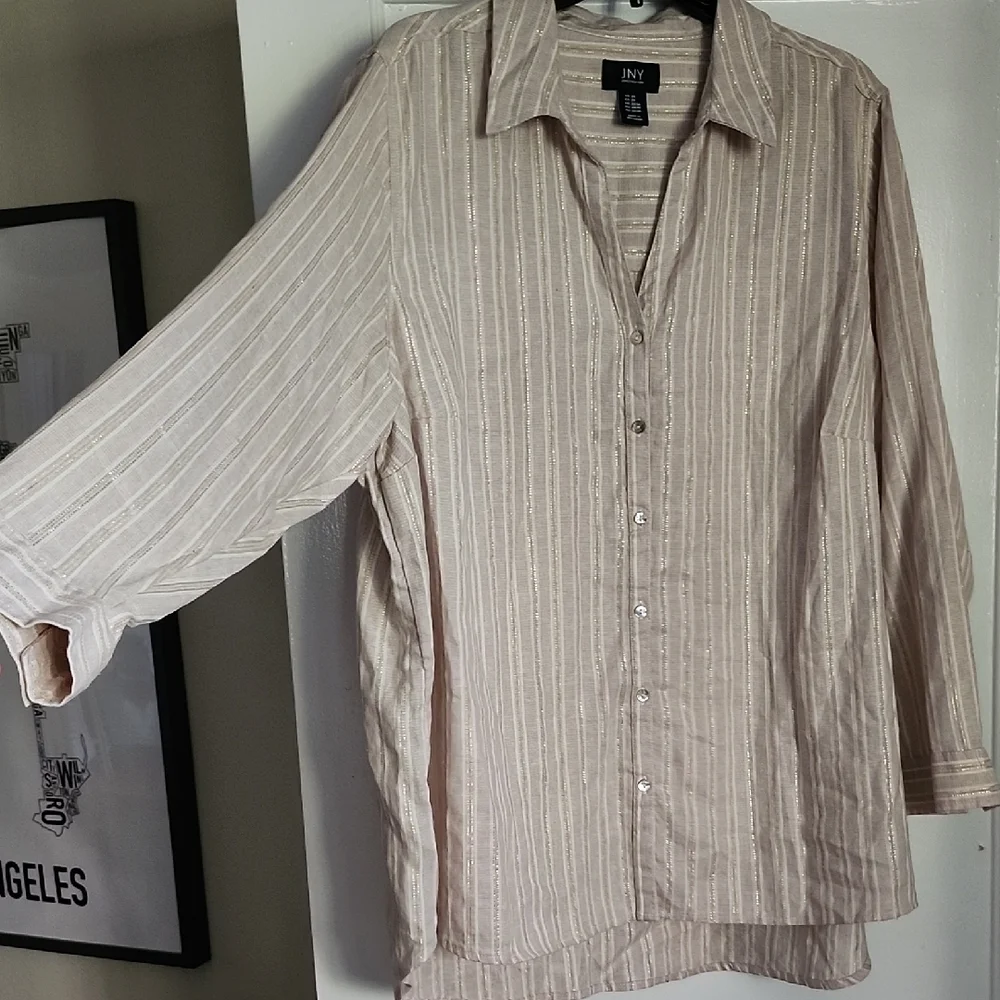 Jones New York 100% Linen Striped Long Sleeved Button Down Top - Picture 5 of 10
